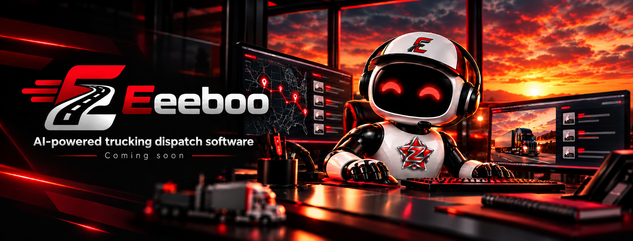 Approved Eeeboo graphic of Ziggi at a dispatch workstation under a vivid sunset sky